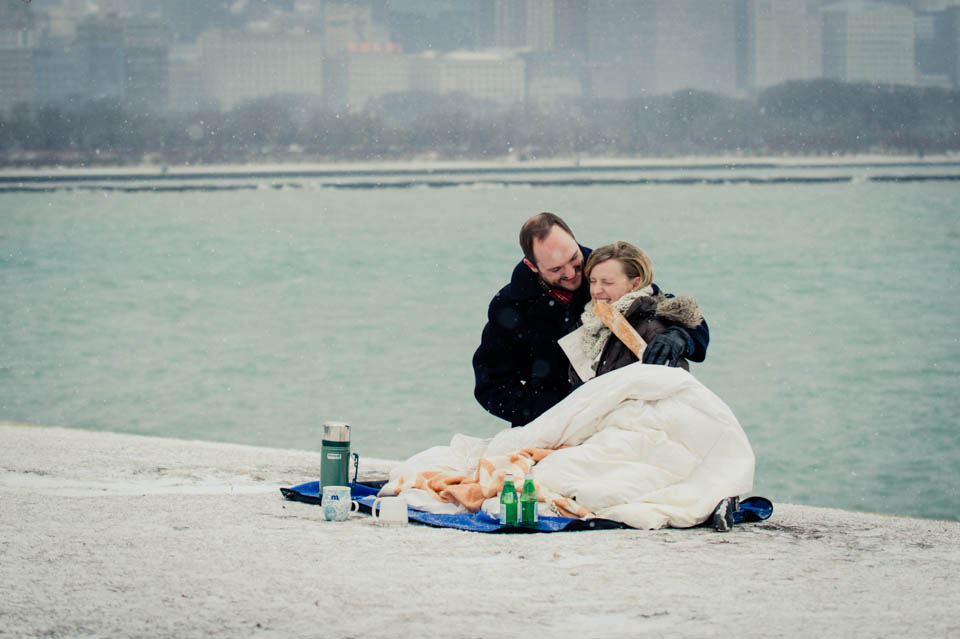 Winter engagement on Chicago skyline