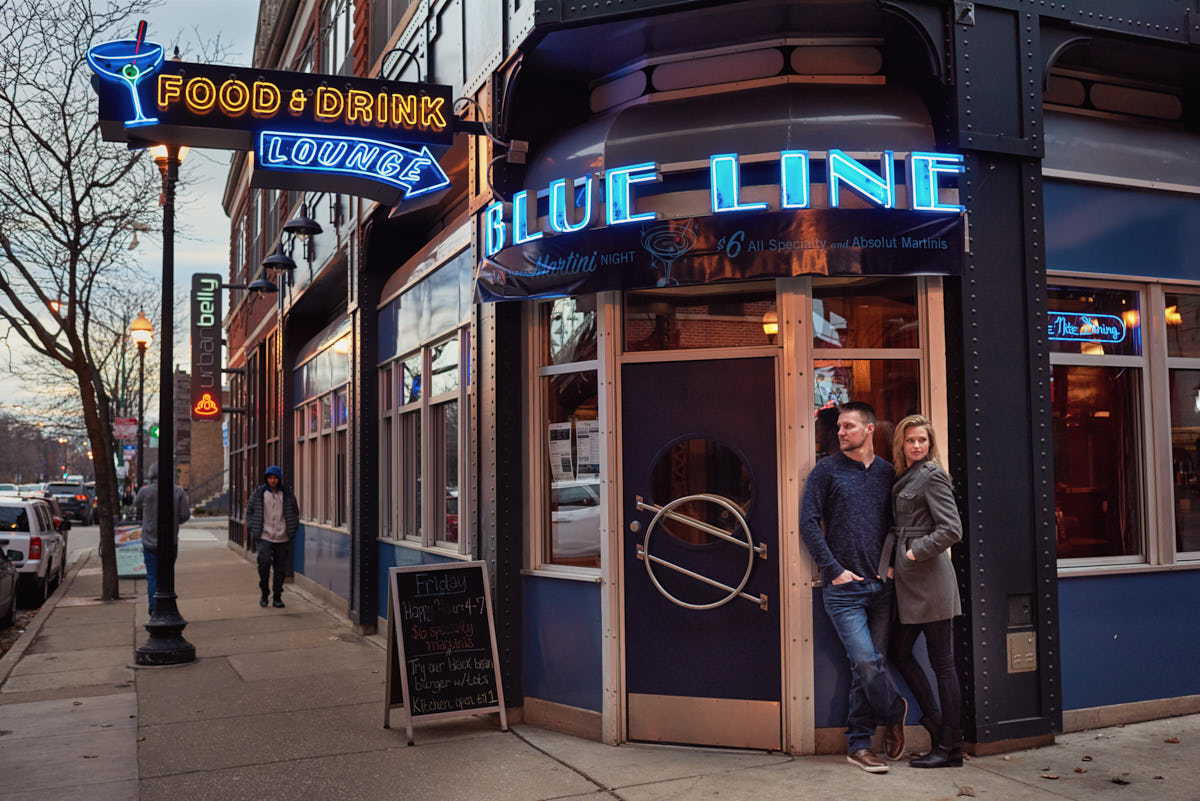 Couple in front of Blue Line restaurant