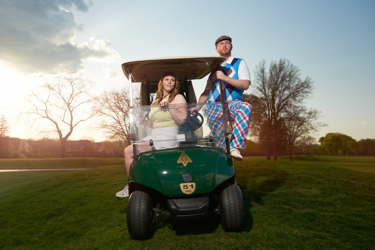 Golf cart engagement portrait