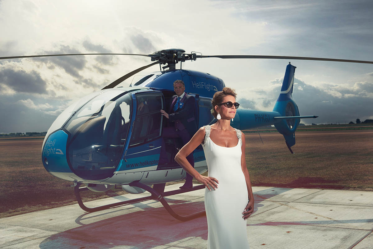 Flying via helicopter to wedding